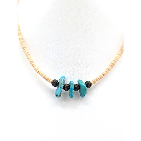 Vintage Heishi Shell Three Turquoise Stone Southwestern Hook Clasp 16" Necklace - Picture 2 of 9